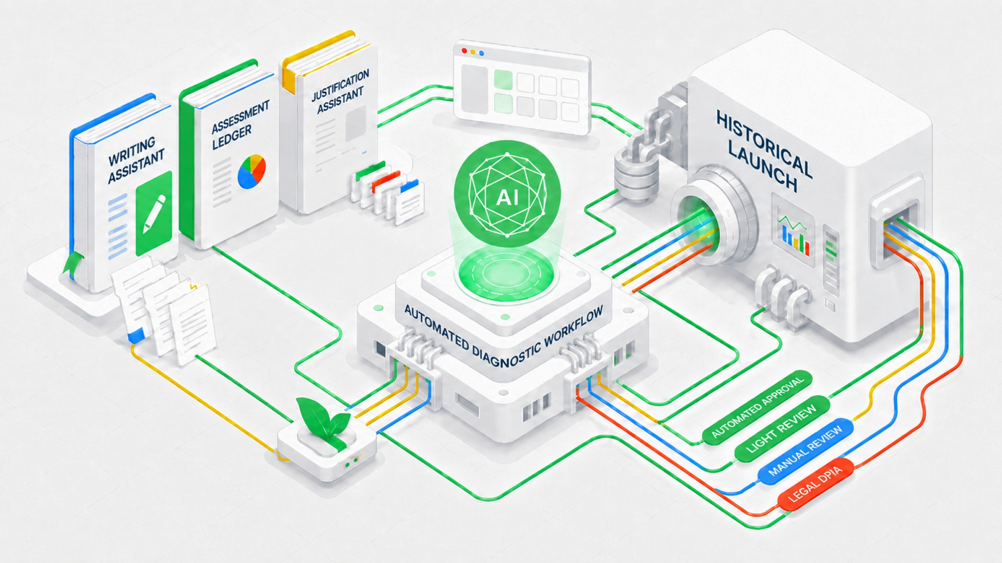 Governance metadata operating layer visual showing connected AI-assisted assurance, policy, evidence, privacy, and legal review systems